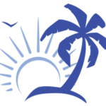A blue logo with a palm tree and sun, representing daily freight services to the Bahamas.