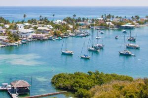 A bustling harbor with boats docked in the water, offering daily freight services to the Bahamas.