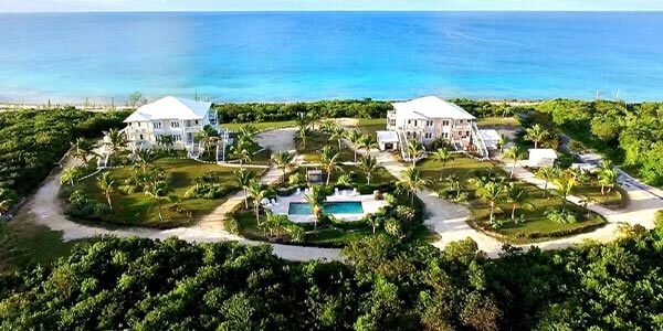 An aerial view of a beachfront house on the Exuma, Bahamas.